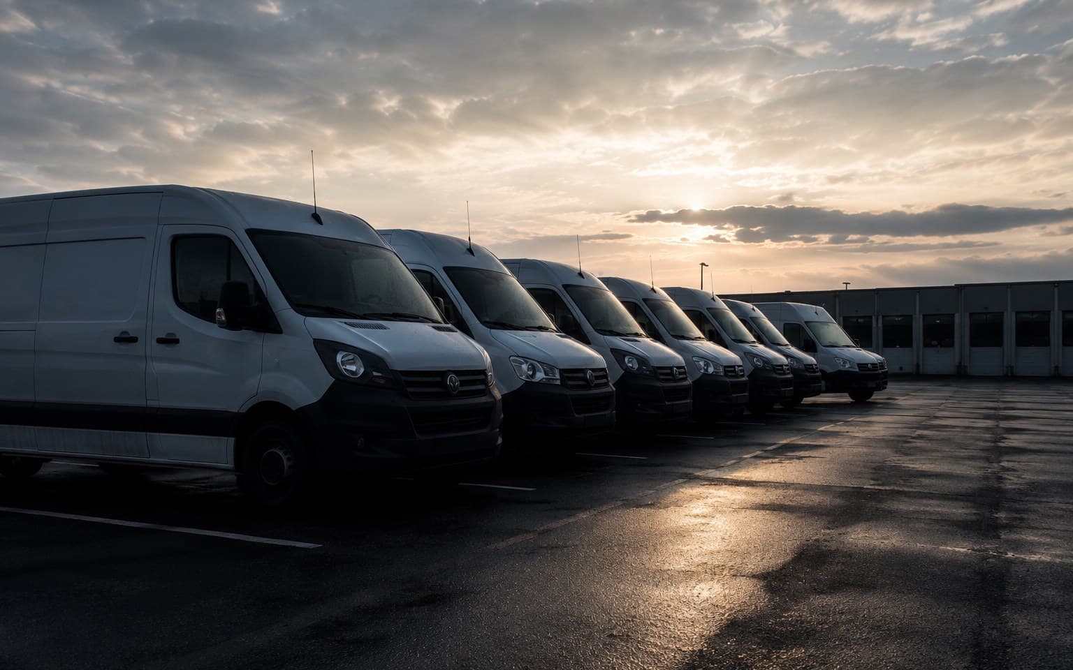 A row of service vans in a yard before dawn